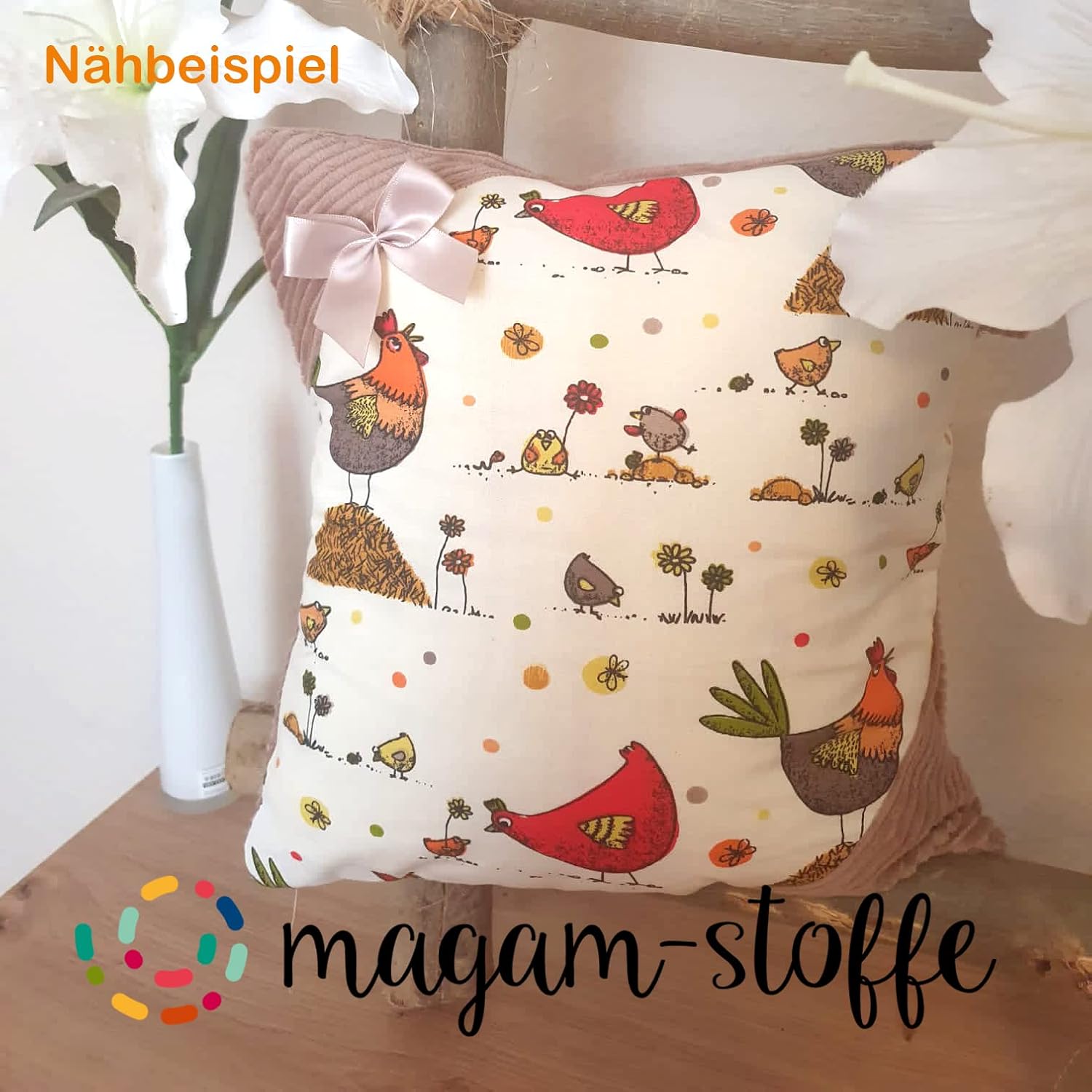 MAGAM-Stoffe Lotte bunter Hühner Baumwollstoff Kinder Meterware 50cm (Rot)