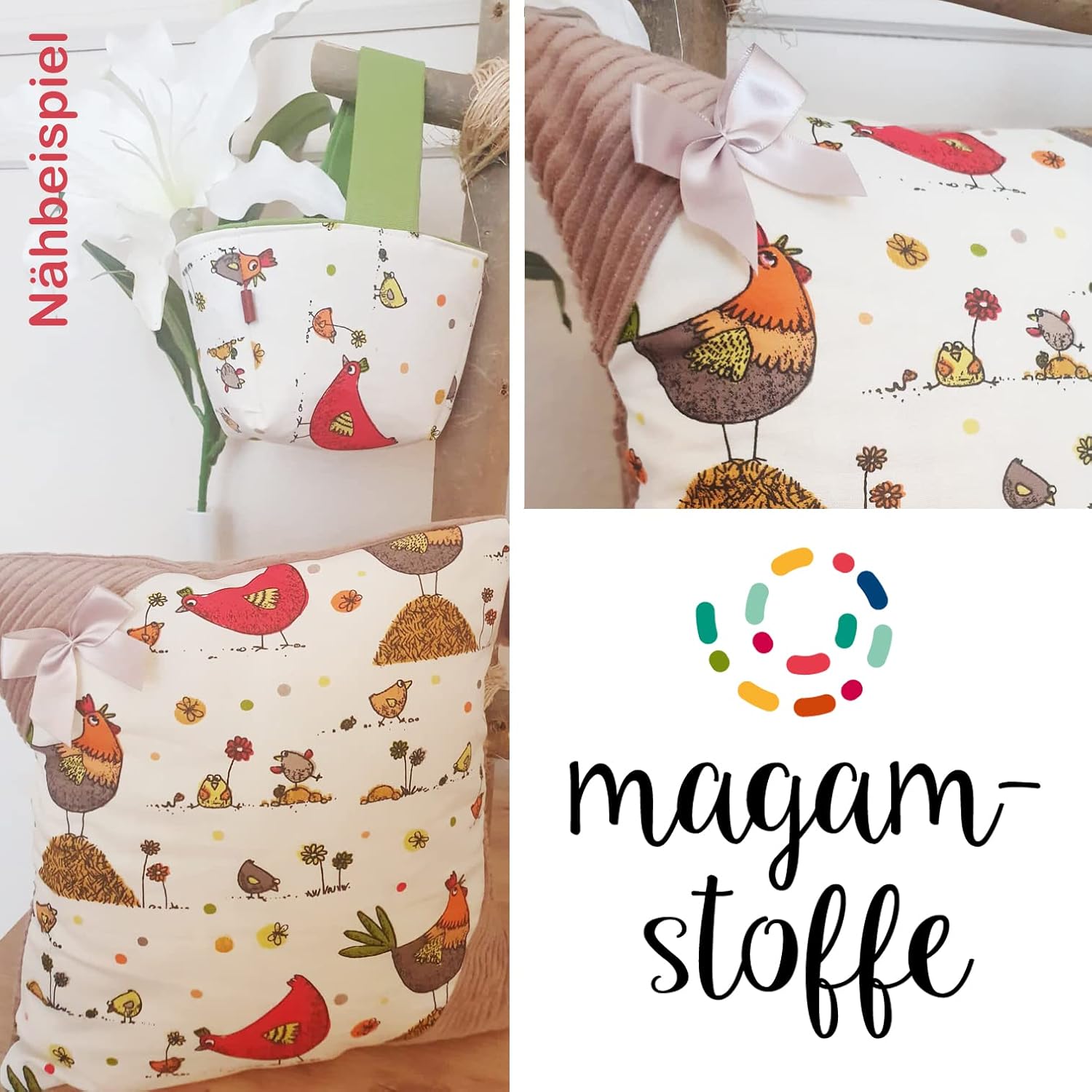 MAGAM-Stoffe Lotte bunter Hühner Baumwollstoff Kinder Meterware 50cm (Rot)