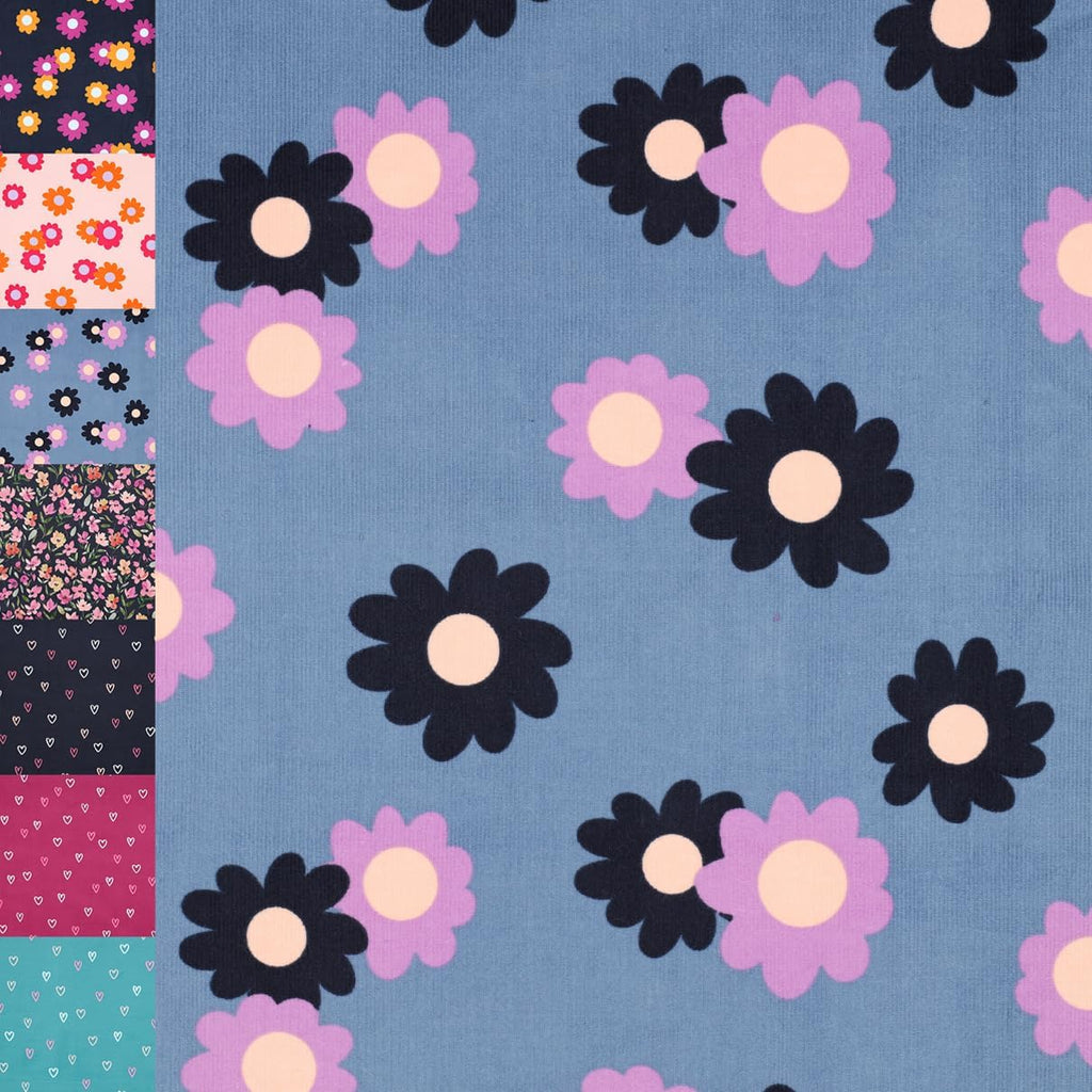 MAGAM-Stoffe Freya Babycord Feincord Stoff 100% Baumwolle Meterware 50cm (Große Blumen jeans)