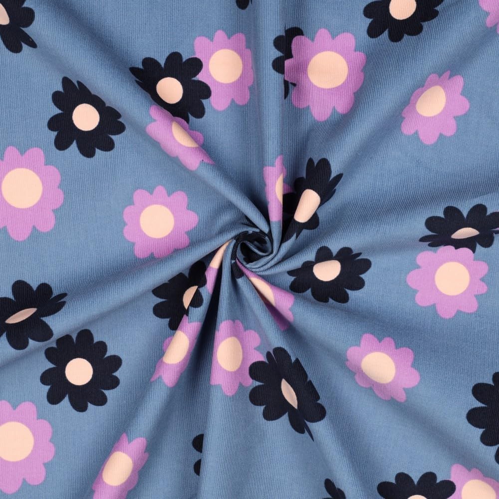 MAGAM-Stoffe Freya Babycord Feincord Stoff 100% Baumwolle Meterware 50cm (Große Blumen jeans)