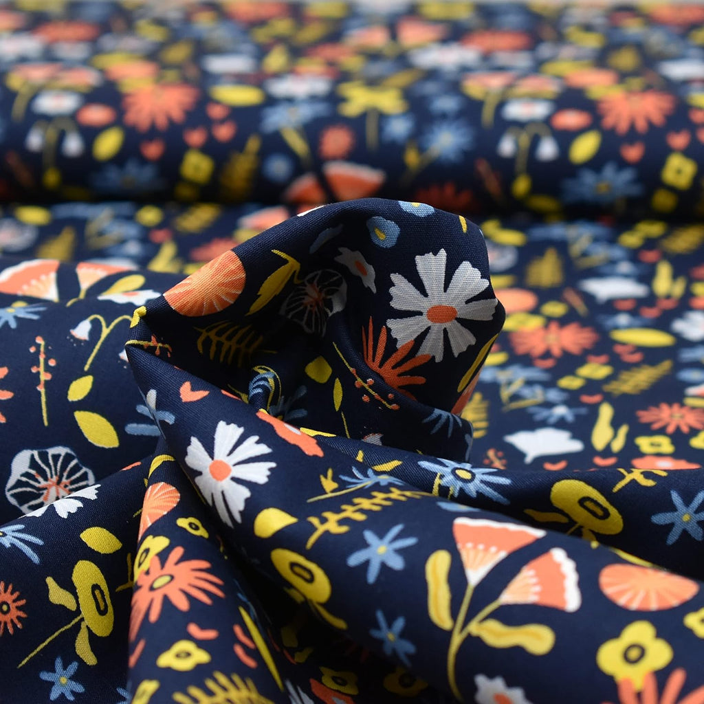MAGAM-Stoffe Gerda Blumen Kinder Baumwollstoff Oeko-Tex Meterware 50cm (Dunkelblau)