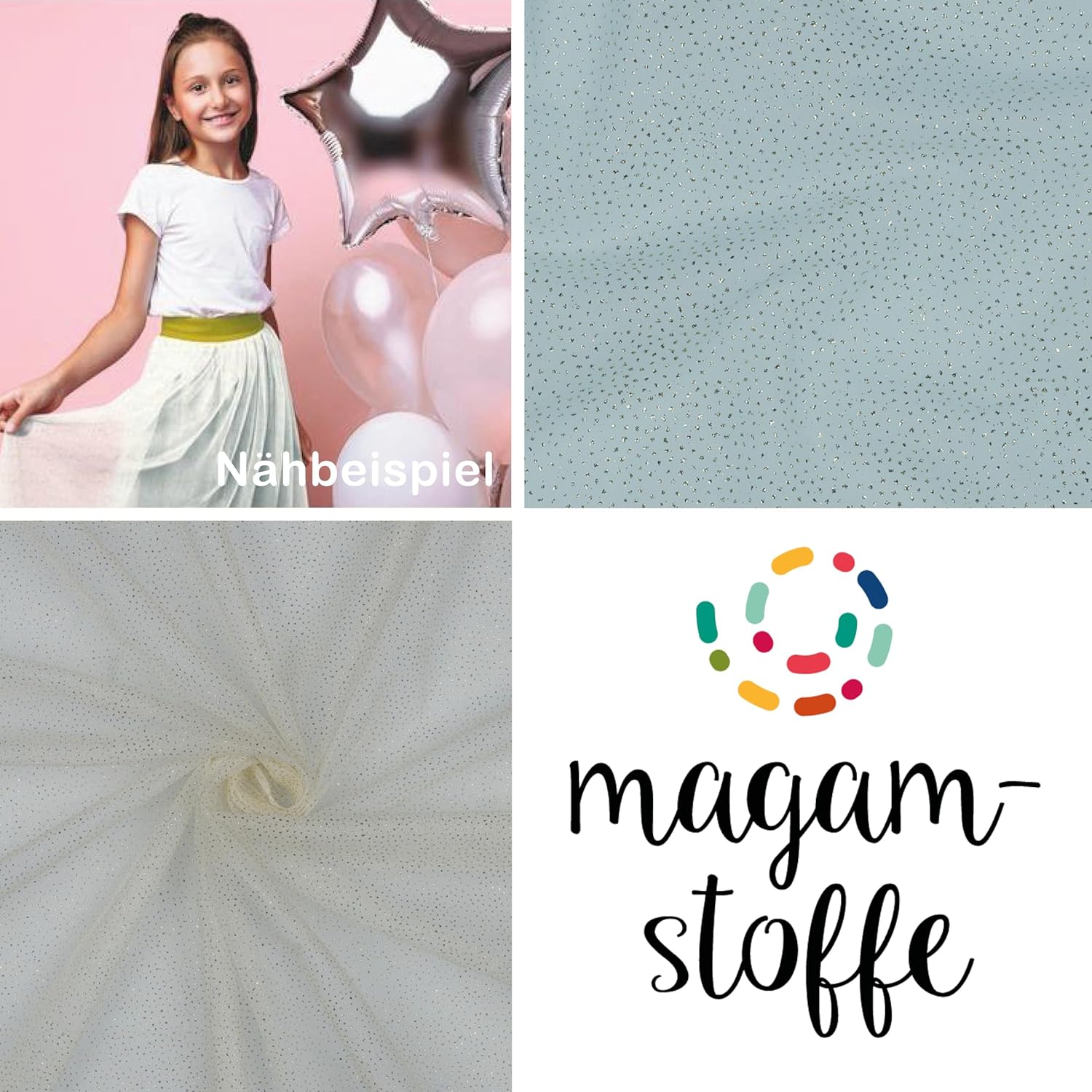MAGAM-Stoffe Luna Glitzer Tüllstoff für Bekleidung Deko Soft Tüll Meterware (01. Weiß silber)