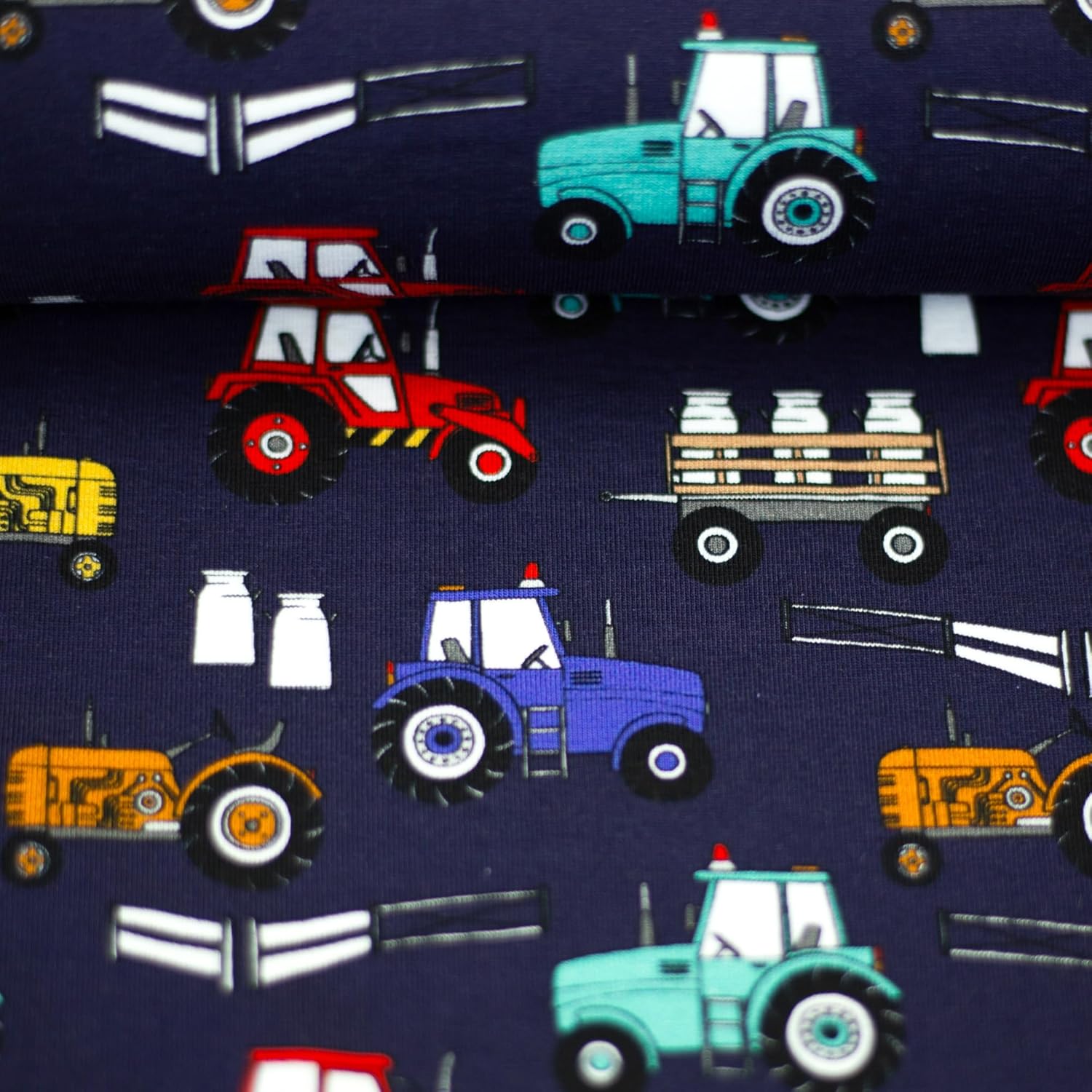 MAGAM-Stoffe Bunte Traktoren Jersey Stoff Kinderstoff OEKO-TEX Meterware 50cm (Dunkelblau)
