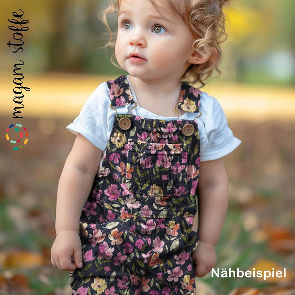 MAGAM-Stoffe Freya Babycord Feincord Stoff 100% Baumwolle Meterware 50cm (Große Blumen jeans)