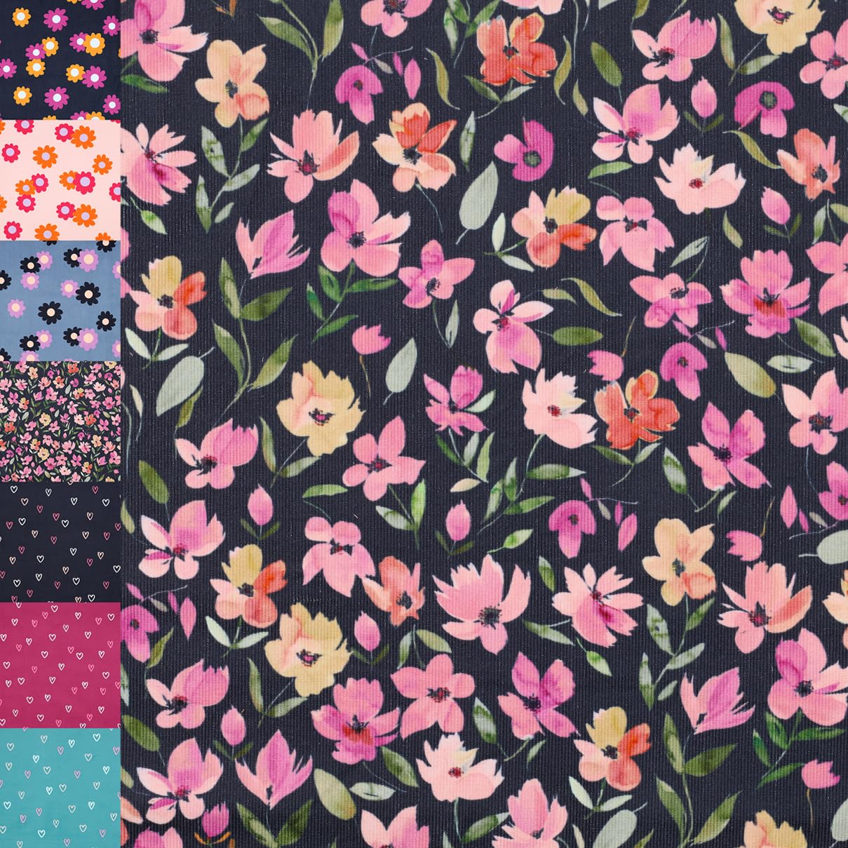 MAGAM-Stoffe Freya Babycord Feincord Stoff 100% Baumwolle Meterware 50cm (Große Blumen jeans)