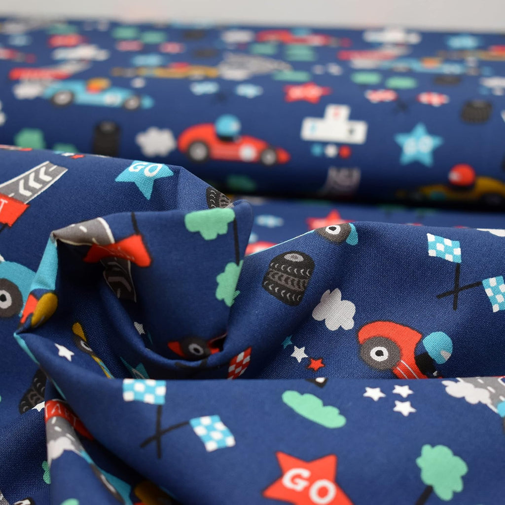 MAGAM-Stoffe Rennfahrer Fangio Baumwollstoff Kinderstoff OEKO-Tex Meterware 50cm (Dunkelblau)