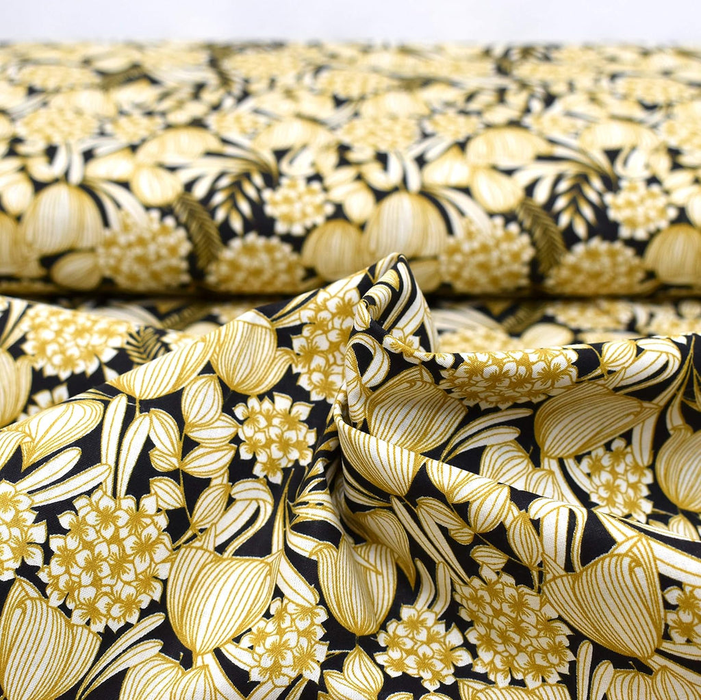 MAGAM-Stoffe Lyon Blumen Baumwollstoff Oeko-Tex Meterware 50cm (01. Schwarz-Senf)