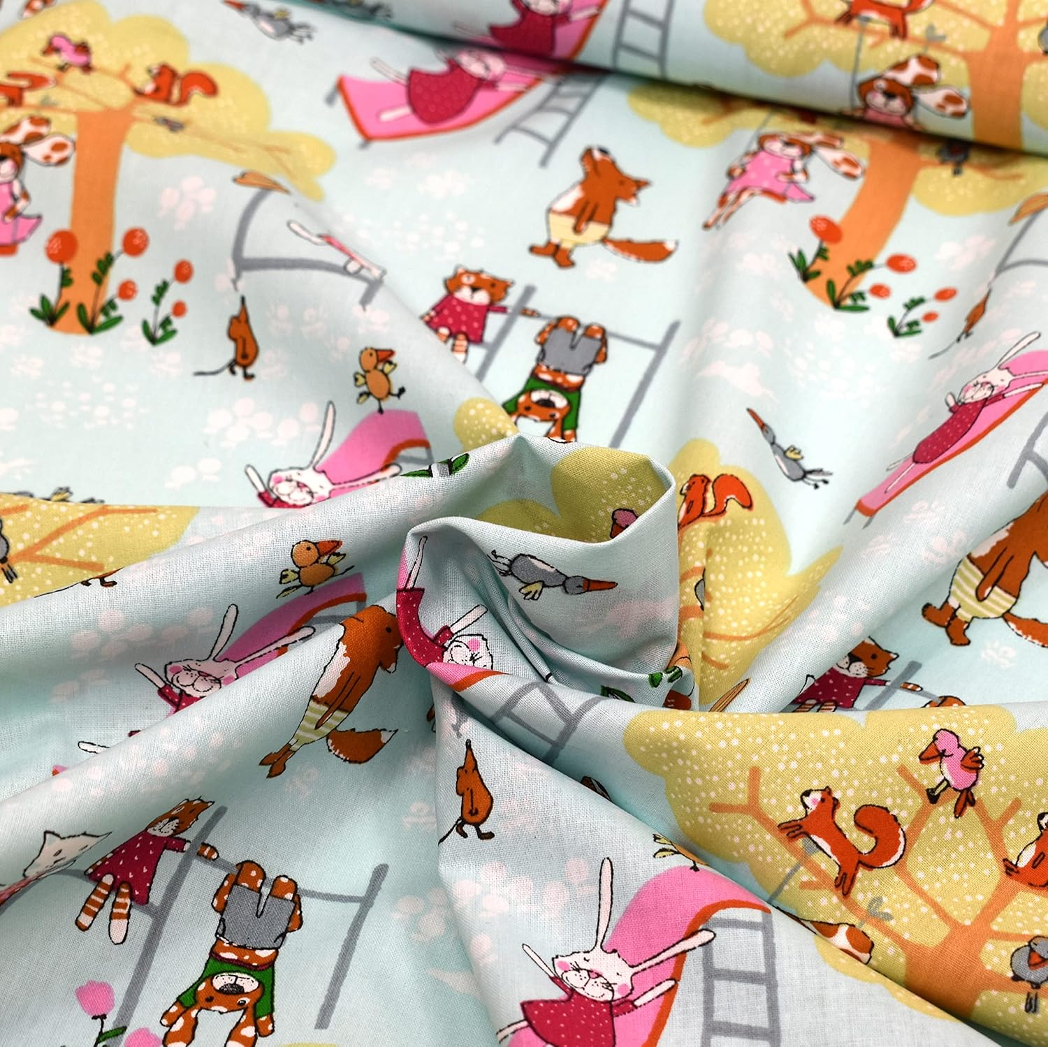 MAGAM-Stoffe Tiere auf dem Spielplatz Baumwollstoff Kinderstoff Oeko-Tex Meterware 50cm (Mint)