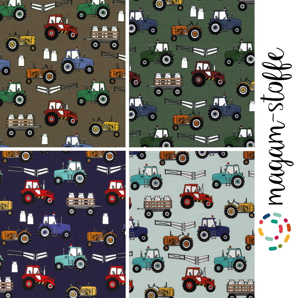 MAGAM-Stoffe Bunte Traktoren Jersey Stoff Kinderstoff OEKO-TEX Meterware 50cm (Dunkelblau)