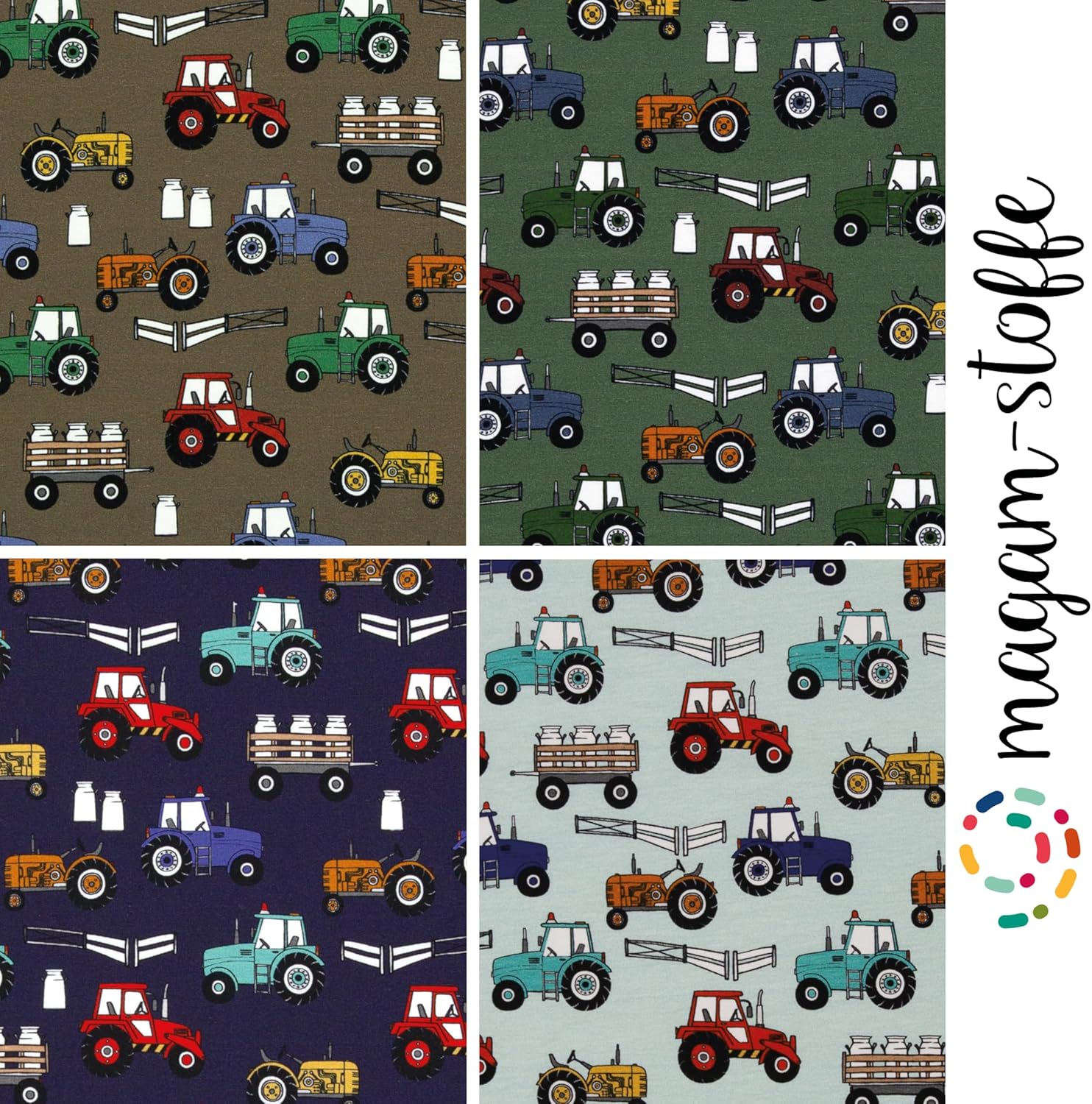 MAGAM-Stoffe Bunte Traktoren Jersey Stoff Kinderstoff OEKO-TEX Meterware 50cm (Dunkelblau)