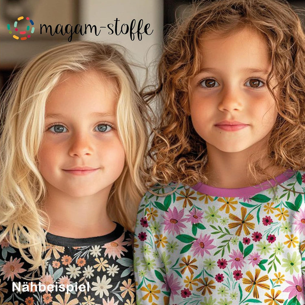 MAGAM-Stoffe Mila Blumen Mode Jersey Stoff Kinder OEKO-TEX Meterware ab 50cm (Schwarz)