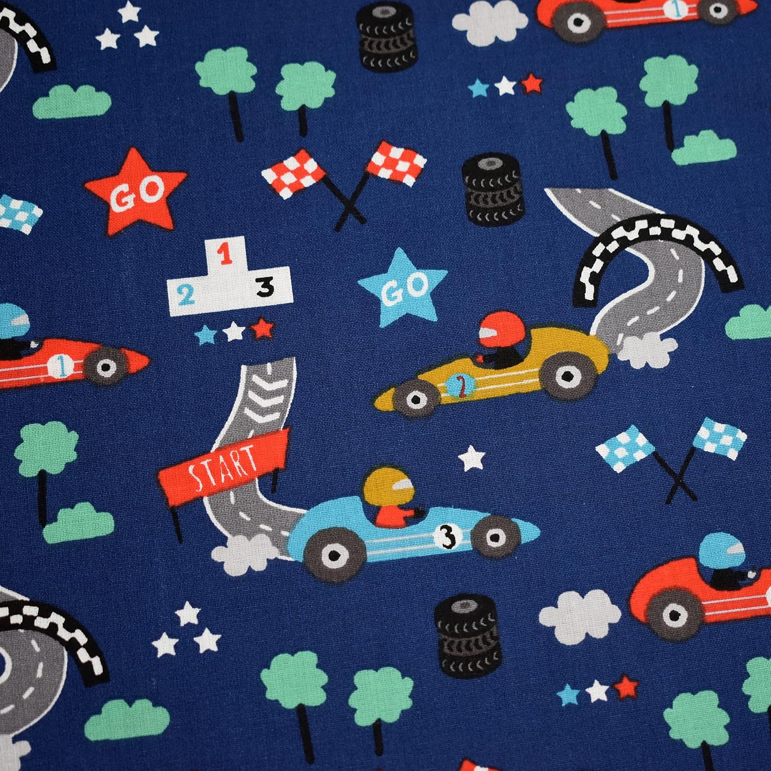 MAGAM-Stoffe Rennfahrer Fangio Baumwollstoff Kinderstoff OEKO-Tex Meterware 50cm (Dunkelblau)