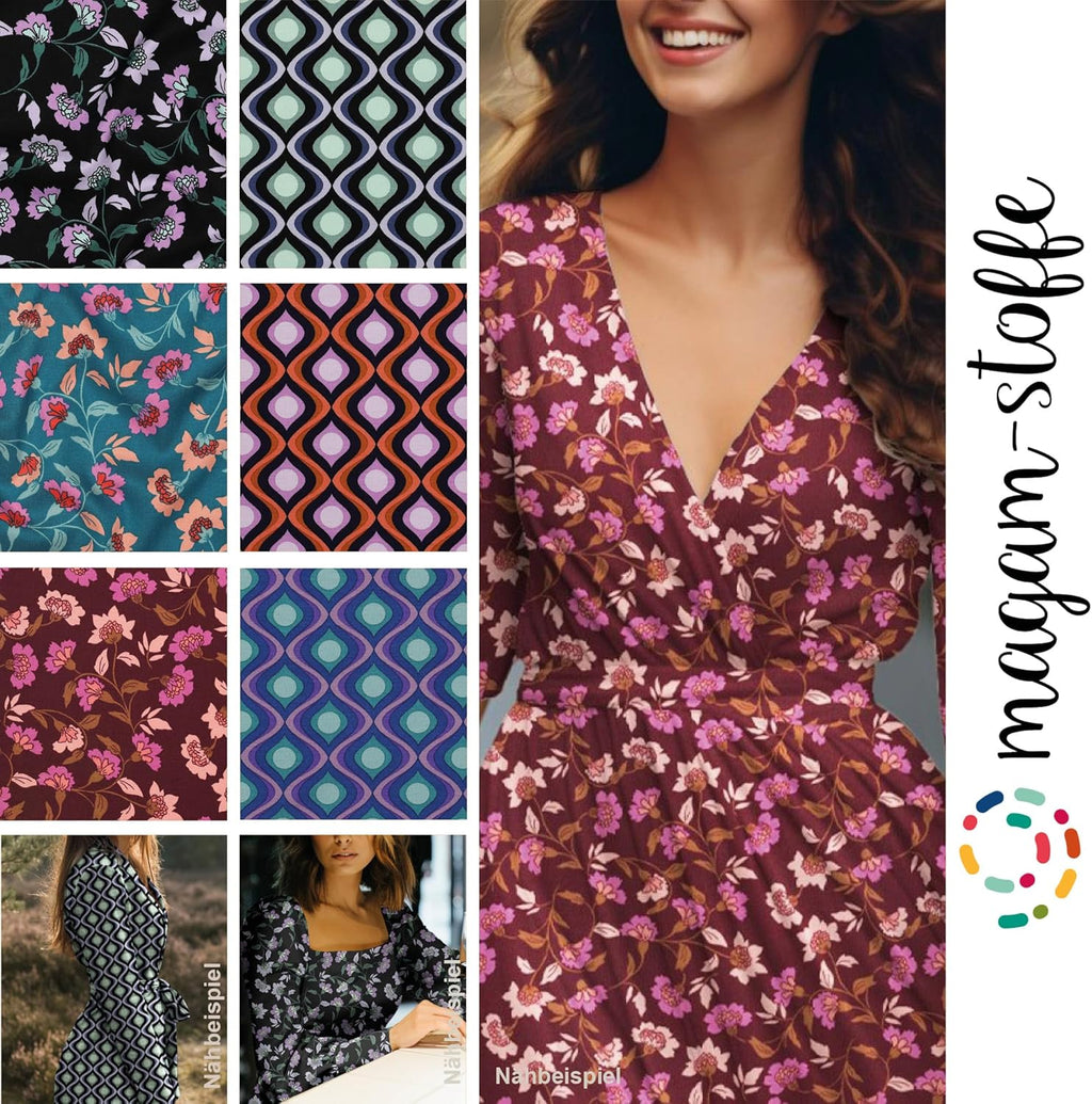 MAGAM-Stoffe Abby Mode Stoff aus Holland Viskose Meterware ab 50cm (Punta Di Roma Muster blau altrosa)