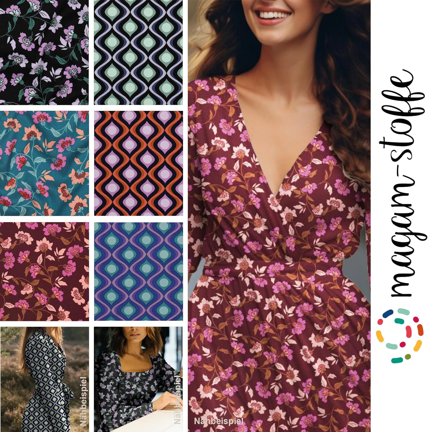 MAGAM-Stoffe Abby Mode Stoff aus Holland Viskose Meterware ab 50cm (Punta Di Roma Muster blau altrosa)