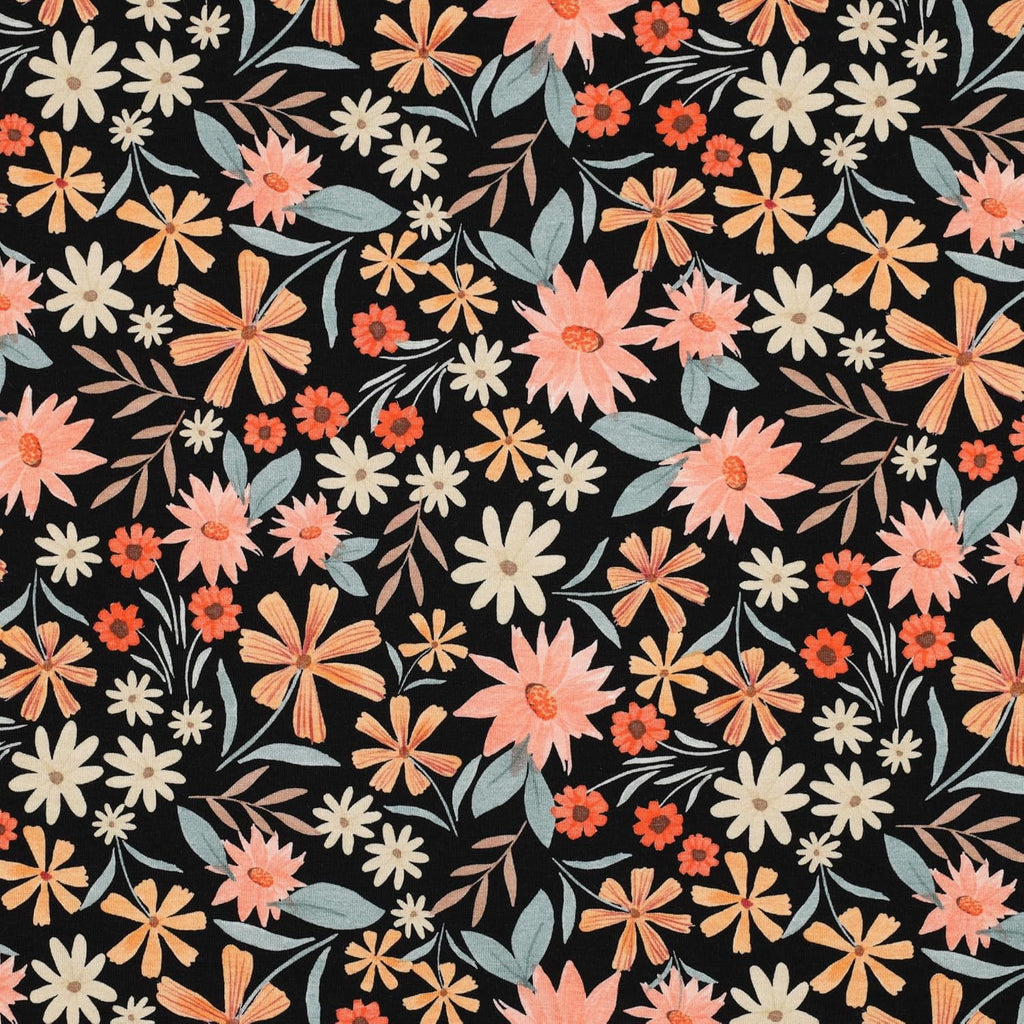 MAGAM-Stoffe Mila Blumen Mode Jersey Stoff Kinder OEKO-TEX Meterware ab 50cm (Schwarz)