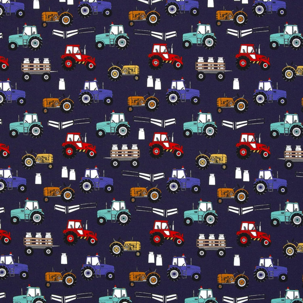 MAGAM-Stoffe Bunte Traktoren Jersey Stoff Kinderstoff OEKO-TEX Meterware 50cm (Dunkelblau)