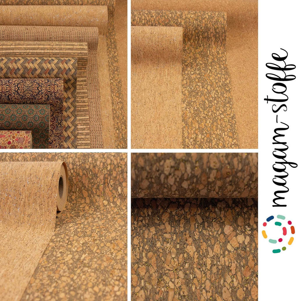 MAGAM-Stoffe Kork Stoff zum nähen Basteln Möbel bedruckt gold natur Meterware 50cm (Eulen)