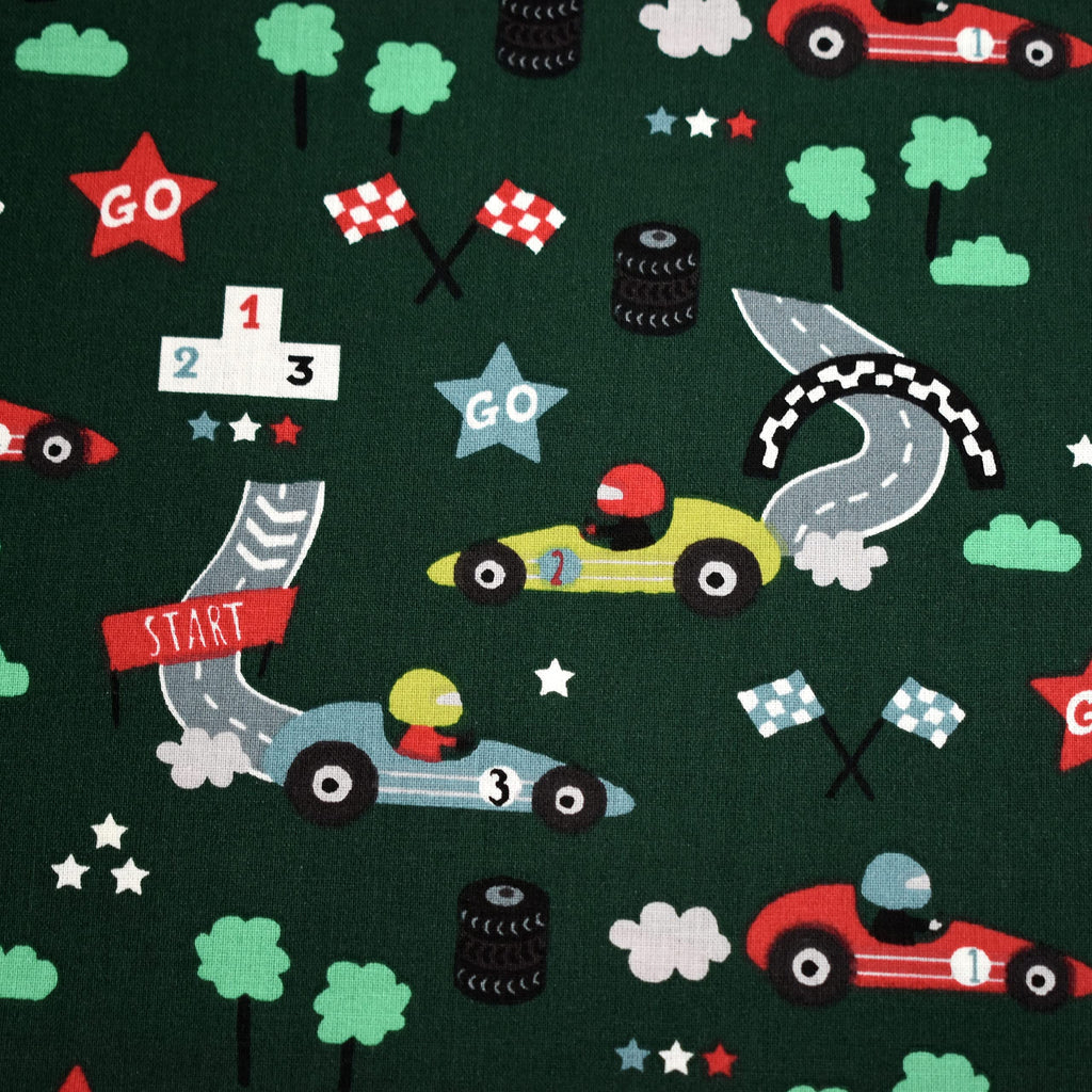 MAGAM-Stoffe Rennfahrer Fangio Baumwollstoff Kinderstoff OEKO-Tex Meterware 50cm (Dunkelblau)