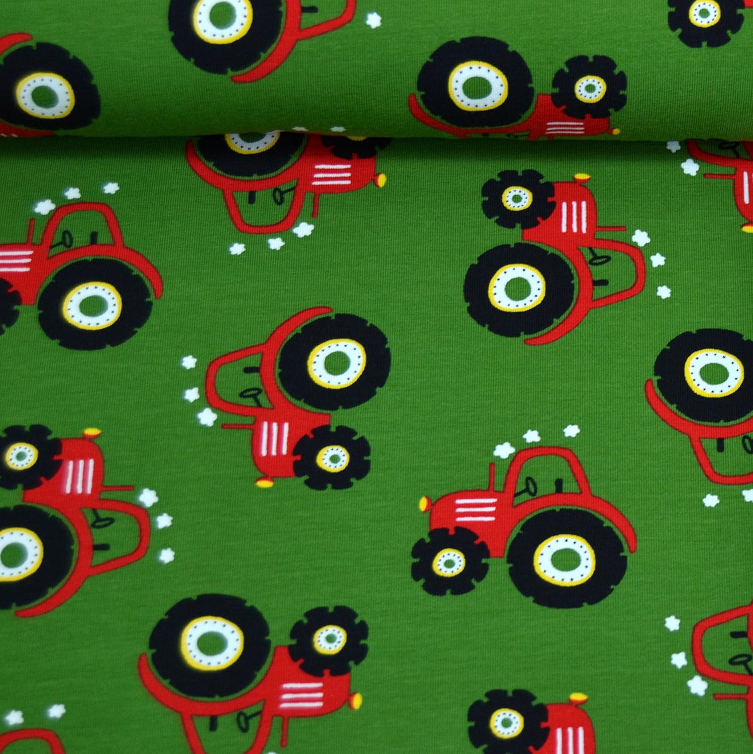 MAGAM-Stoffe Traktor Ben rot dunkelgrün Jersey Stoff Oeko-Tex Meterware 50cm