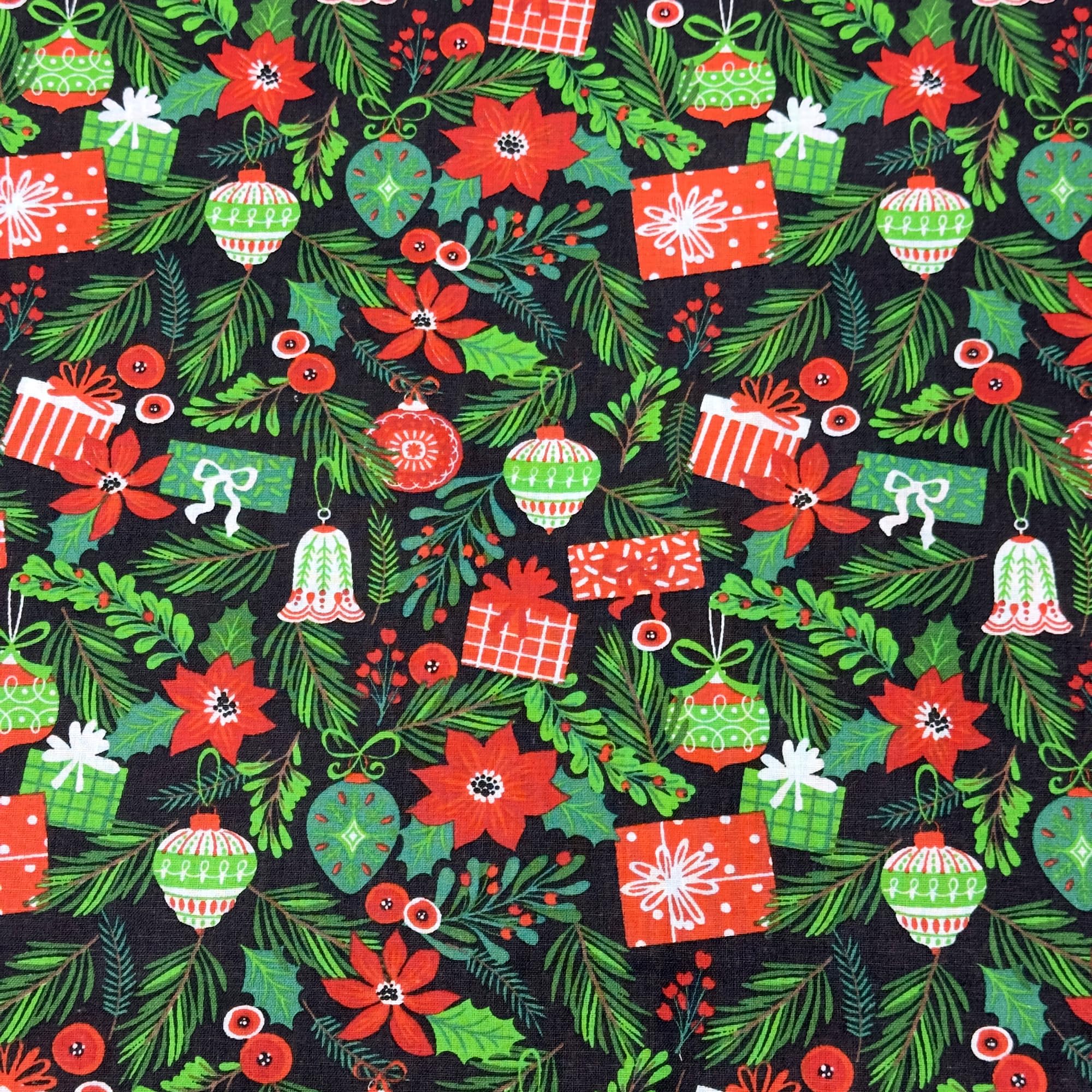 MAGAM-Stoffe Winter Season Baumwollstoff Weihnachten Oeko-Tex Meterware 50cm (Christbaumkugeln schwarz gold)