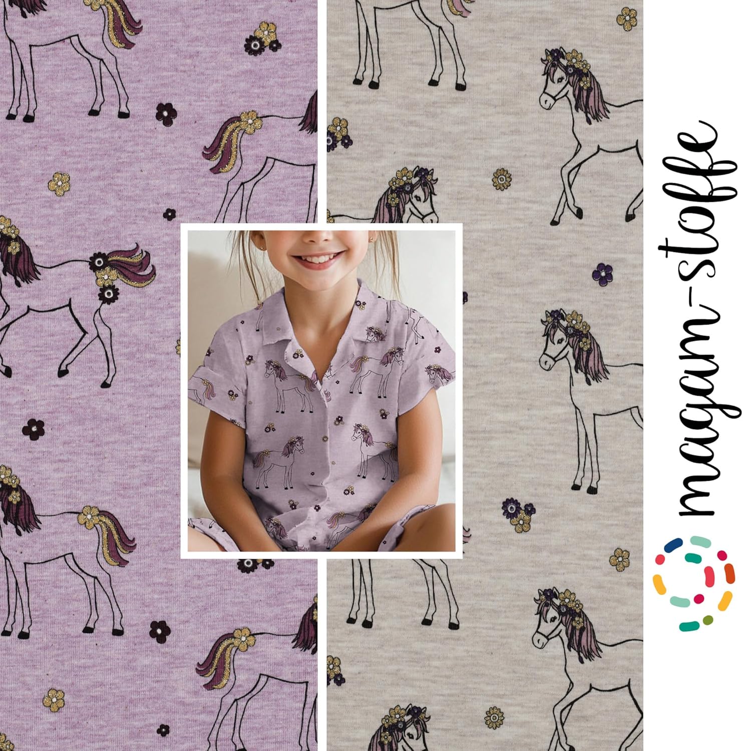 MAGAM-Stoffe Glitzer Pferde Jersey Baby Kinder Stoff OEKO-TEX Meterware 50cm (Lila)