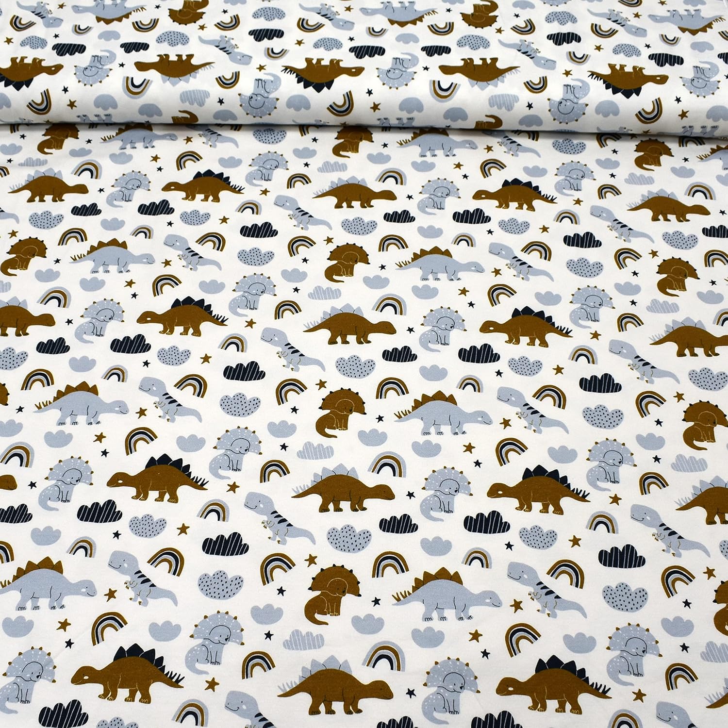 MAGAM-Stoffe Dino Bande Jersey Kinder Stoff Oeko-Tex Meterware 50cm (Dino natur weiß)