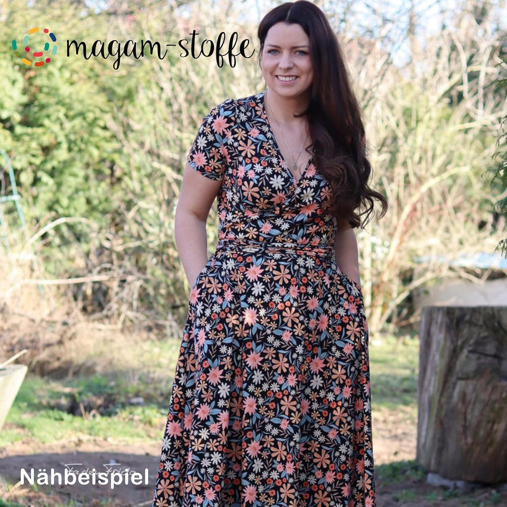 MAGAM-Stoffe Mila Blumen Mode Jersey Stoff Kinder OEKO-TEX Meterware ab 50cm (Schwarz)