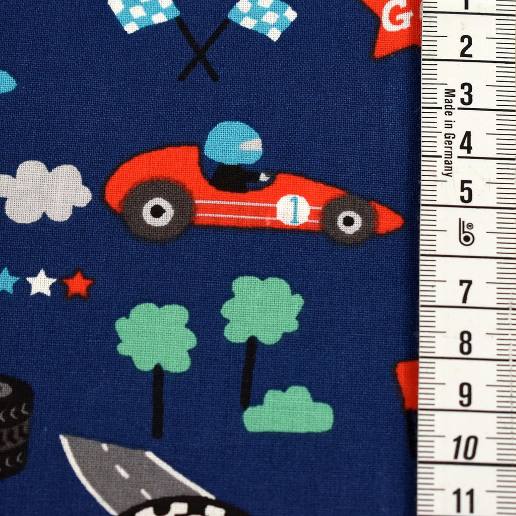 MAGAM-Stoffe Rennfahrer Fangio Baumwollstoff Kinderstoff OEKO-Tex Meterware 50cm (Dunkelblau)