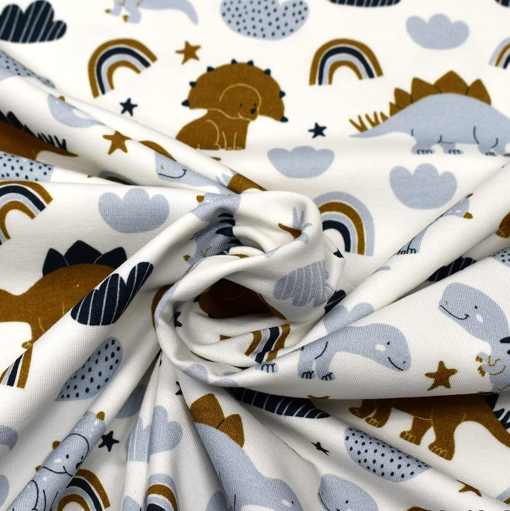 MAGAM-Stoffe Dino Bande Jersey Kinder Stoff Oeko-Tex Meterware 50cm (Dino natur weiß)