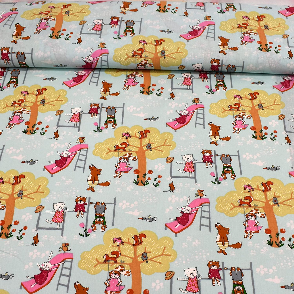 MAGAM-Stoffe Tiere auf dem Spielplatz Baumwollstoff Kinderstoff Oeko-Tex Meterware 50cm (Mint)