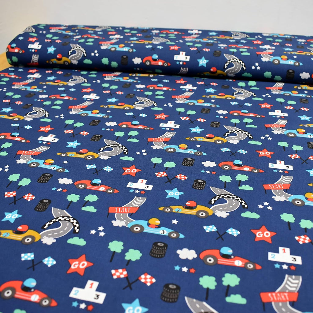 MAGAM-Stoffe Rennfahrer Fangio Baumwollstoff Kinderstoff OEKO-Tex Meterware 50cm (Dunkelblau)