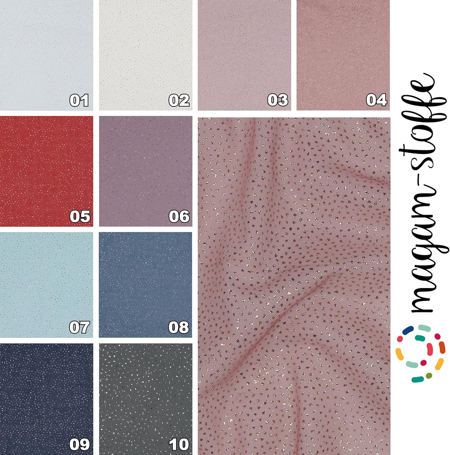 MAGAM-Stoffe Luna Glitzer Tüllstoff für Bekleidung Deko Soft Tüll Meterware (01. Weiß silber)