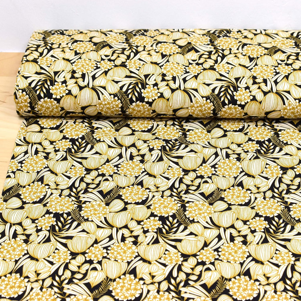 MAGAM-Stoffe Lyon Blumen Baumwollstoff Oeko-Tex Meterware 50cm (01. Schwarz-Senf)