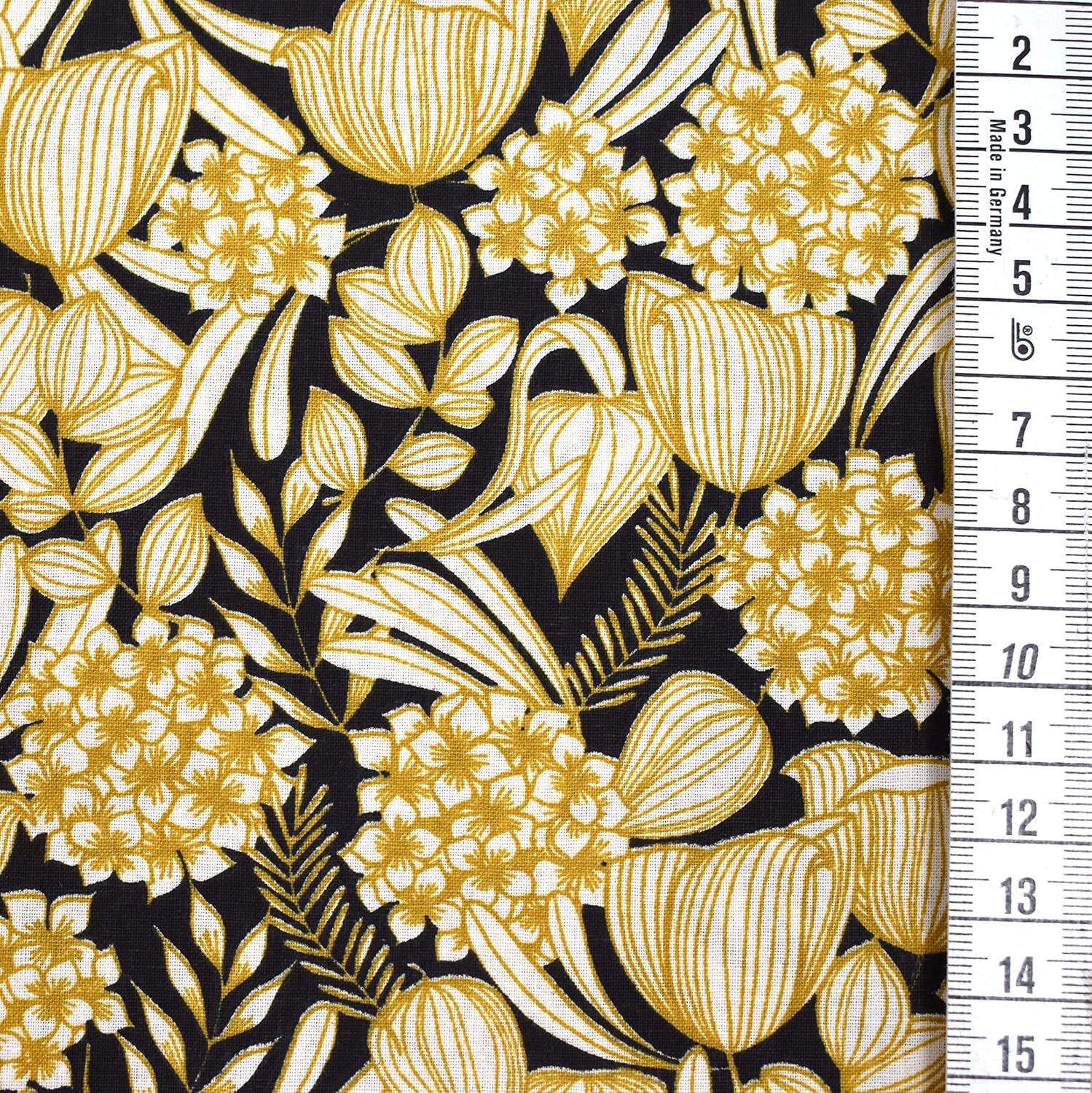 MAGAM-Stoffe Lyon Blumen Baumwollstoff Oeko-Tex Meterware 50cm (01. Schwarz-Senf)