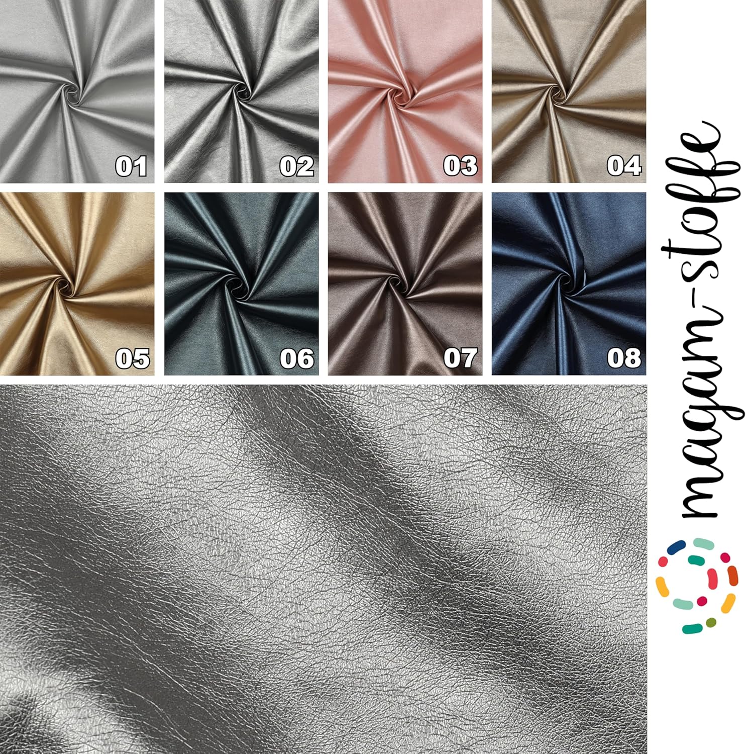 MAGAM-Stoffe Metallic Optik Kunstleder Polsterstoff Kleidung Taschen Meterware ab 50cm (01. Hell silber)