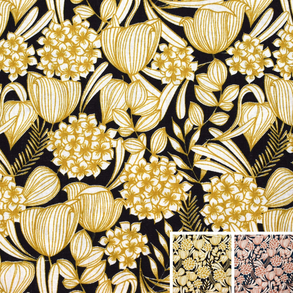 MAGAM-Stoffe Lyon Blumen Baumwollstoff Oeko-Tex Meterware 50cm (01. Schwarz-Senf)