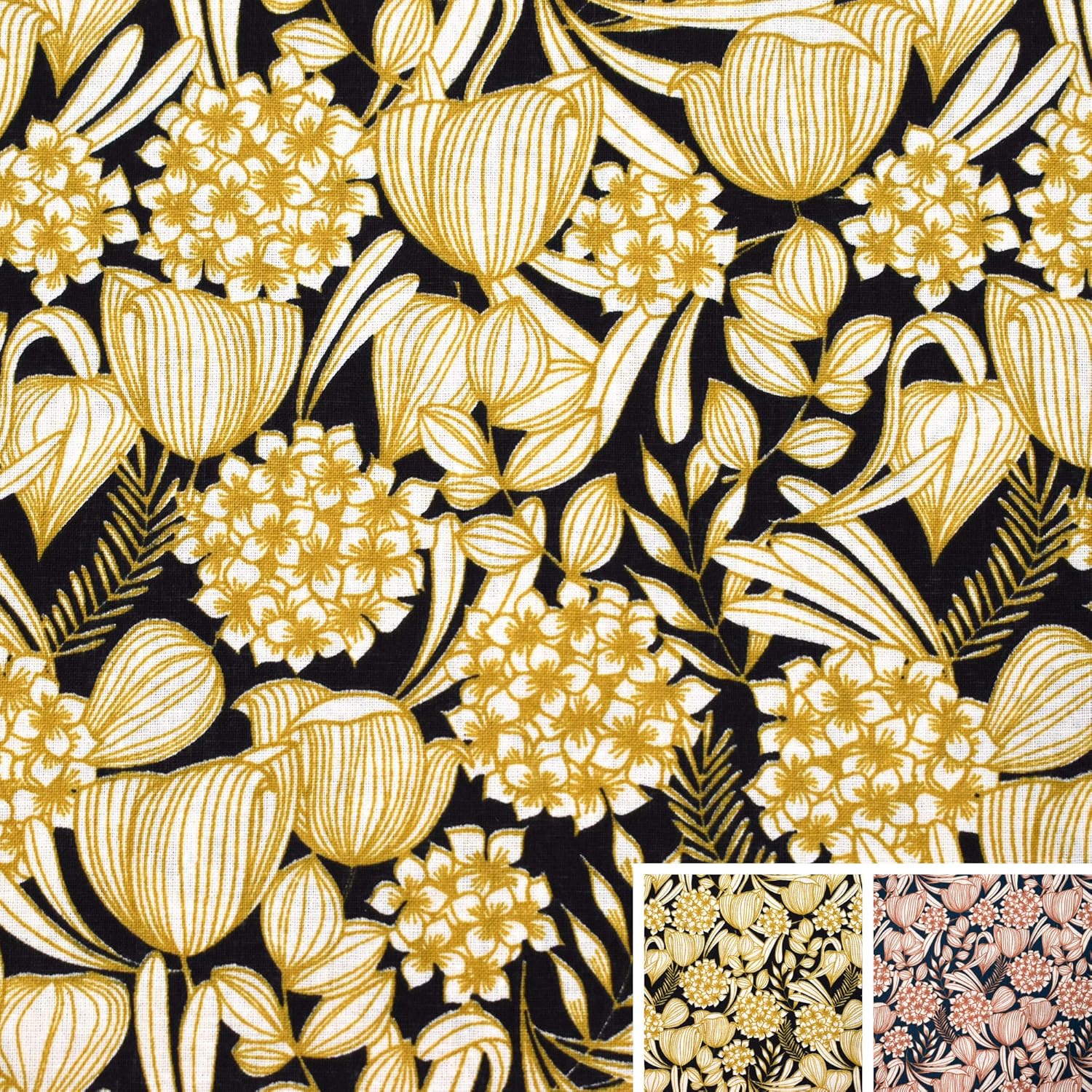 MAGAM-Stoffe Lyon Blumen Baumwollstoff Oeko-Tex Meterware 50cm (01. Schwarz-Senf)