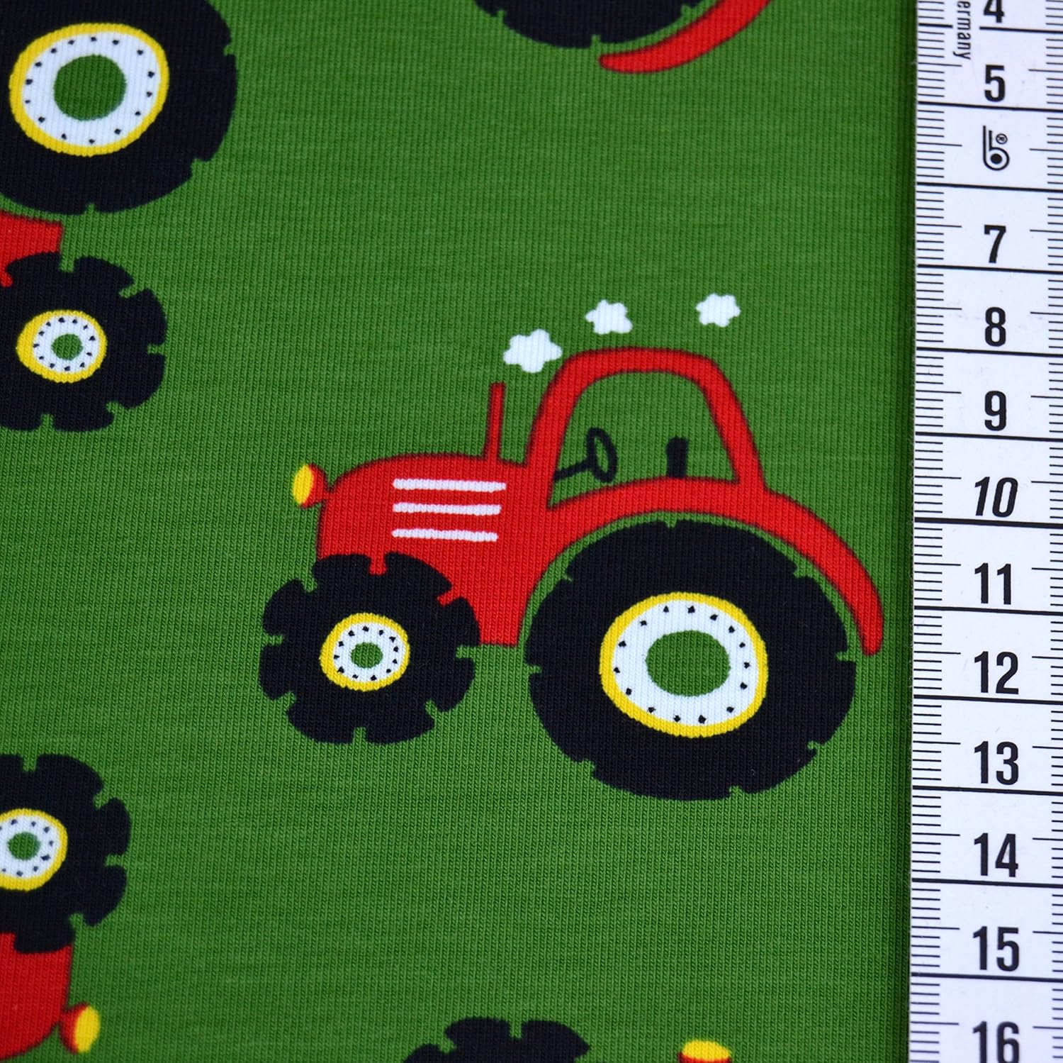 MAGAM-Stoffe Traktor Ben rot dunkelgrün Jersey Stoff Oeko-Tex Meterware 50cm