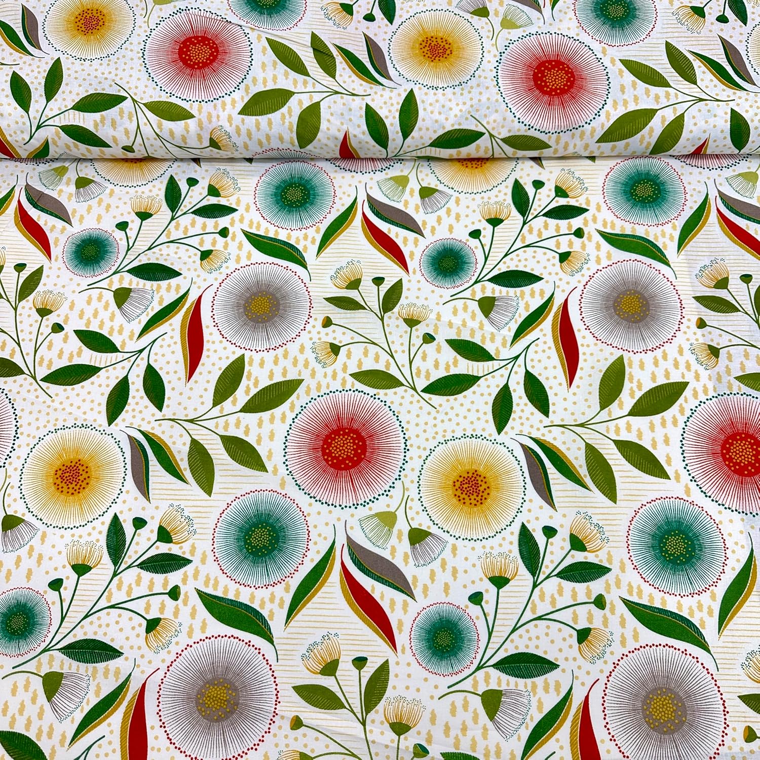 MAGAM-Stoffe Pusteblumen Baumwollstoff Dekostoff aus Frankreich ÖKO-TEX Meterware ab 50cm (Rot grün)